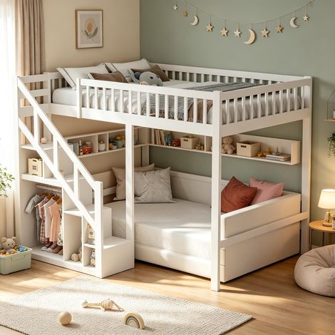 Lit mezzanine Enfant 90x200,Lit superposé 1 place Loft ado,avec escalier rangéable,barrière motifs étoiles,sommier,Bois massif,Blanc