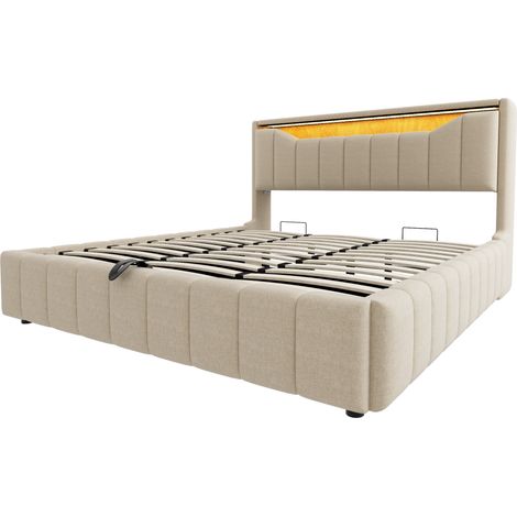 Letto contenitore 180x200 cm beige con testiera LED USB USB-C e vano contenitore idraulico HOMVRA (1/5)