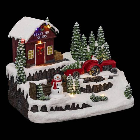 Aldea iluminada muñeco de nieve y tractor 10 LED H.23cm musical - Feeric lights & christmas