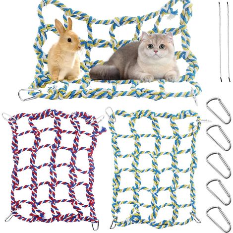 2Pcs Colorful Rat Cage Accessories with 8Pcs Slackline, Woven Climbing Net Pet Hammock Netting Toy Hanging Hammock Net with 4 Hooks Small Animal Supplies Rope Ladder for Parrot Bird Hamster Squirrel (1/5)