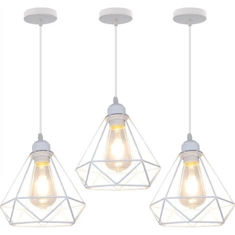 U-Do 3Pcs Lustre Suspension Pendentif Vintage Lampe Abat - Jour Cage en Métal Blanc E27 Lustre Plafonnier éclairage pour Salon (1/4)