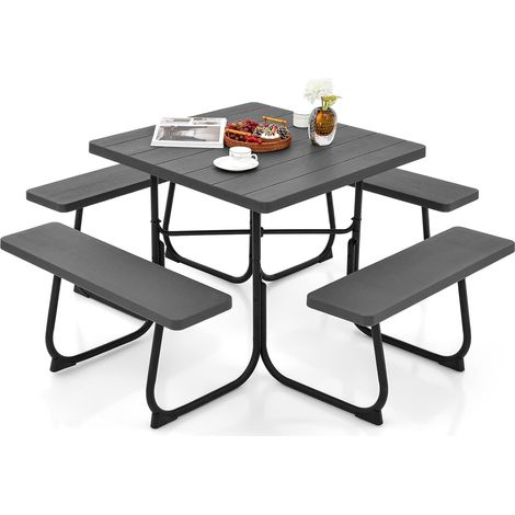 COSTWAY Ensemble Table de Pique-Nique avec 4 Bancs Intégrés, Ensemble de Jardin Table de Pique-Nique Carrée 135KG Trou pour Parasol, pour Jardin Piscine, 170 x 170 x 76 cm (Noir) (1/5)