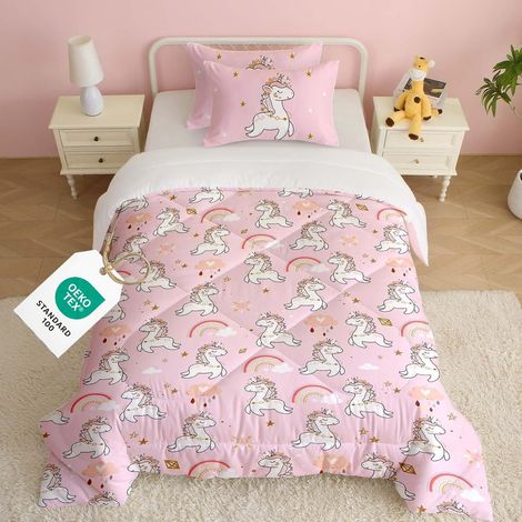 Rose Licorne Couette Enfant sans Housse - Couette 120x150 cm + 1 Taie d'oreiller 40x60 cm - pour Bébé, Fille - Parure De Lit Licorne/Arc-en-Ciel - 100% Microfibre (1/5)