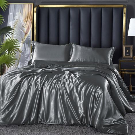 Bettwäsche 155x220cm Satin Grau Glänzend mit 2 Kissenbezügen 80x80cm