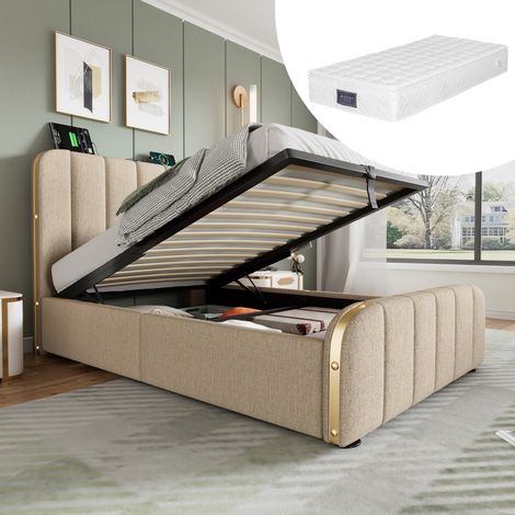 Lit simple 90x200 rembourré lin beige, tête de lit à bandes dorées, rangement hydraulique, USB-C (avec matelas) (1/5)