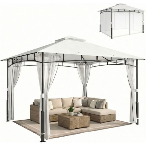 Pavillon de jardin 3×3,6 m noir, imperméable et stable, équipé d’un double toit et d’une moustiquaire, idéal pour jardin et terrasse. (1/5)