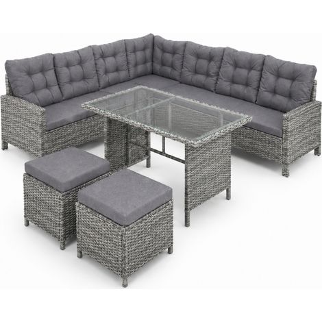 Set Salotto Angolare Da Esterno In Polyrattan Con Tavolino Doppio Piano In Vetro Sedute Con Cuscini Imbottiti E Due Pouf Ideale Per Giardino Terrazza Veranda Relax Outdoor Grigio (1/5)
