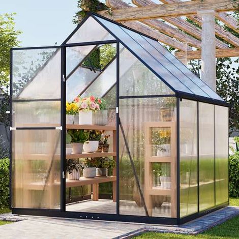 BIRCHTREE 6X6FT Polycarbonate Greenhouse Walk-In Green House Aluminium Frame (1/5)