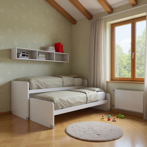 Coppia letti singoli scorrevoli con ruote e contenitori - Made in Italy - Bianco