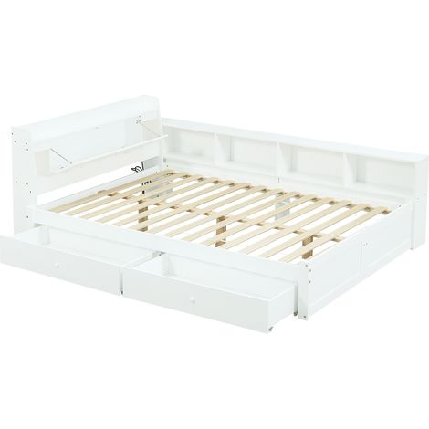 Lit double, lit à panneaux, tête de lit avec compartiment de rangement + 2 lampes, avec prise de charge, rangements latéraux et tiroirs, pin + panneau de particules + MDF, blanc, 140x200cm (1/5)