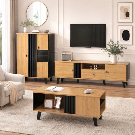 Meuble TV 170 x 40 x 50,5 cm avec 2 portes, 1 tiroir et rangement ouvert, bois et noir DESVIAE (1/5)