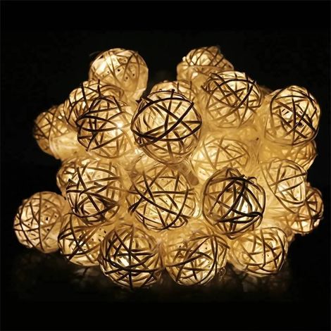 Guirlande Lumineuse À 20 Led - Boules En Rotin - Alimentée Par Piles - Télécommande Et Minuterie - 3 M - Blanc Chaud (1/5)