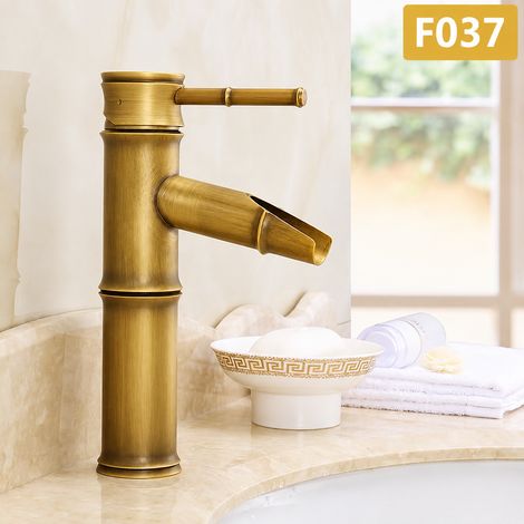 Mitigeur Lavabo Laiton Style Bambou Antique Modèle Bas avec Tuyaux d'Arrivée d'Eau Monotrou Vasque Salle de Bain Eau Chaude et Froide Cartouche Céramique – Livraison gratuite