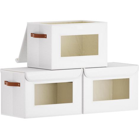 Lot de 3 Boîte de Rangement Pliable, Lin avec Fenêtre Transparente, Couvercle et Poignées, pour Armoire, Salon, Chambre, 33x23x20cm