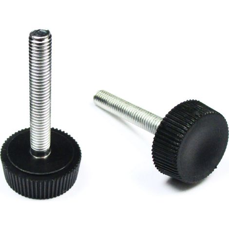 Ajile – Pied Réglable MOLETÉ – Base Plastique NOIR Diamètre 20 mm Épaisseur 7,8 mm, et Tige Filetée en Acier Zingué Diamètre 5 mm (M5) de Longueur 30 mm