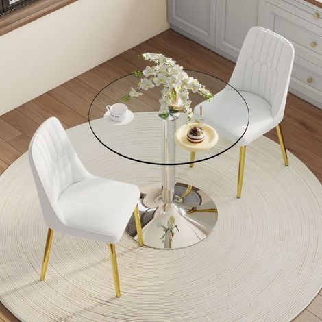Table et Chaises de Salle à Manger 85 cm 2 Chaises Table en verre de sécurité Chaises blanches PU pieds dorés Minimaliste (1/5)