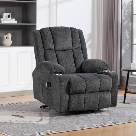 Poltrona elettrica reclinabile grigio scuro in velluto con alzata assistita, massaggio, calore, poggiapiedi e portabevande (1/5)