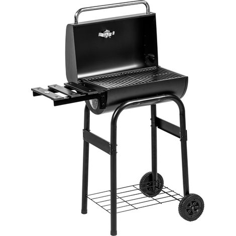 Barbecue charbon de bois chariot BBQ avec étagères roulettes couvercle thermomètre cheminée métal noir