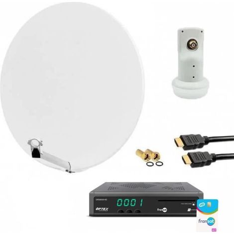 HDME KIT PARABOLE SATELLITE FIBRE BLANCHE 85CM + LNB SINGLE + RÉCEPTEUR TV FRANSAT AVEC CARTE