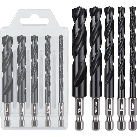 5 Stück Metallbohrer Set 5/6/8/10/12 mm, HSS M2 Bohrersets mit Sechskantschaft Schnellwechsel, AITiN beschichteter Bohrer Set für Metallrohr, Edelstahl, Holz, Plastik (1/5)