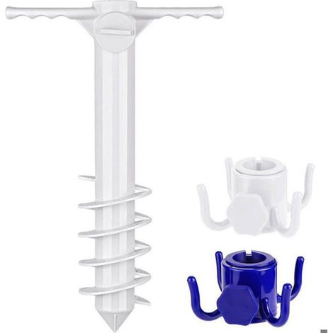 Ancrage Parasol Plage - ABS Résistant Vent 80 km/h - Compatible Mât ≤ 38 mm - 5 Vis Spirales + 4 Crochets - Lot de 1 (1/4)