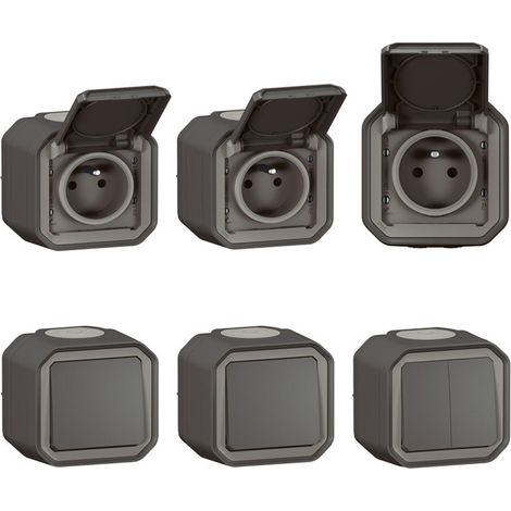 Lot de 3 prises + 2 va-et-vient + commande double Plexo saillie - anthracite (069798L) (1/3)