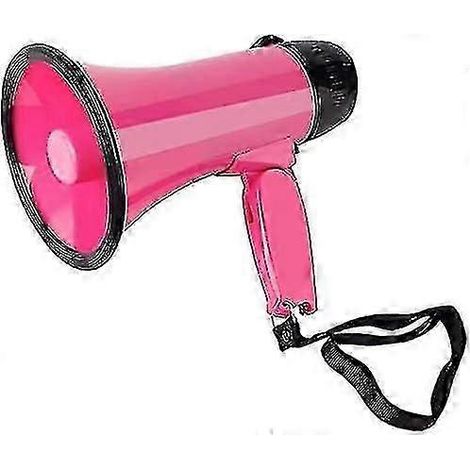 Mégaphone portable (rouge rose) de 20 watts avec haut-parleur, modes voix et sirène/alarme, réglage du volume et dragonne. (1/5)