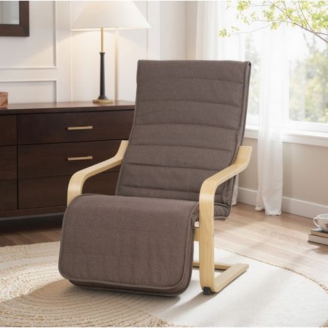 Sillón relax 66,5x94x100 cm con reposapiés regulable en 5 posiciones, estructura de madera de abedul y tapizado en poliéster marrón (1/5)