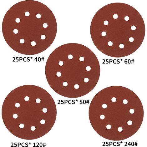 Disques de polissage de forme ronde, 5 pouces, grain 40-125, 8 trous, pour ponceuse, 125 pièces (1/5)