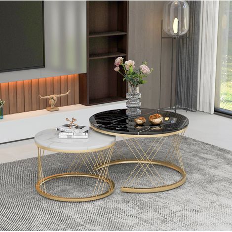 2er-Set runde Couchtische zum Ineinanderschieben aus MDF in Marmoroptik mit goldenem Metallgestell (1/5)