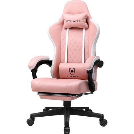 GTPLAYER Chaise de gaming ergonomique avec surface en tissu, coussin de siège à ressort, accoudoirs de connexion et repose-pieds Rose