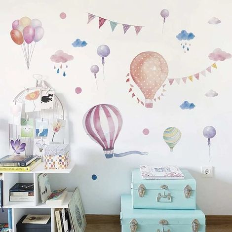 aquarelle stickers muraux enfants BALLONS A AIR CHAUD et NUAGES (170x70 cm) I autocollants décoratifs rose bleu I sticker mural pour chambre d'enfant bébé garçon fille crèche Décor,Seuçais (1/5)