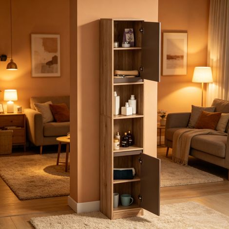 Meuble colonne rangement salle de bain style cosy 30 x 24 x 170 cm 2 portes étagère 2 niches chêne clair gris (1/5)