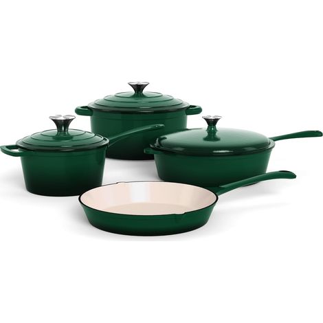 Set of 7 Enamelled Cast Iron Saucepans Induction Green (1/5)