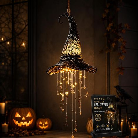 1 pièce Décoration Halloween Lumineuse LED, Chapeau de Sorcière avec Étoiles en Cascade, Suspension pour Intérieur et Extérieur (1/5)
