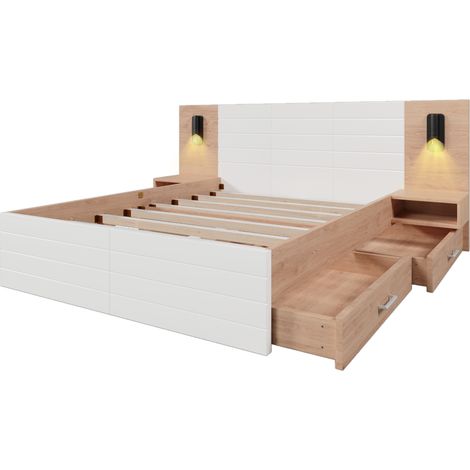 Letto matrimoniale 140x200 cm con 2 cassetti, lampada da lettura USB, 2 comodini, bianco rovere (1/5)