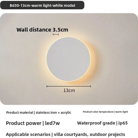 Applique murale LED ronde (13 cm, 7 W, lumière blanche chaude) étanche IP65 pour extérieur, couloir, entrée, porche, chambre, décoration lumineuse. (1/5)