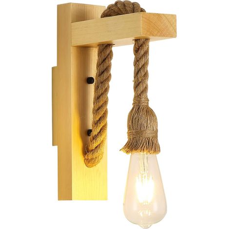 Applique Murale Bois Rétro,Spots Muraux Vintage Industriel, E27 Corde De Chanvre Créative Lampes Murales pour Chambre, Balcon, Couloir, Cuisine, Escalier