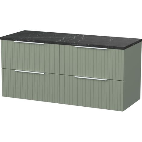 Callingwood Contemporary Wall Hung 4 Drawer Vanity Unit with Black Pietra Marble Laminate Worktop , 1200mm, Reed Green