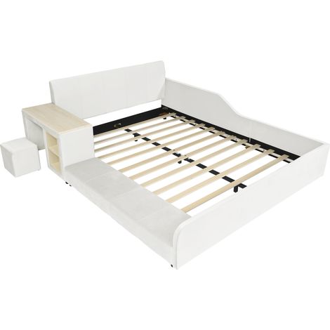Lit enfant rembourré 140x200 cm avec bureau, tabouret et étagère, velours blanc (1/5)