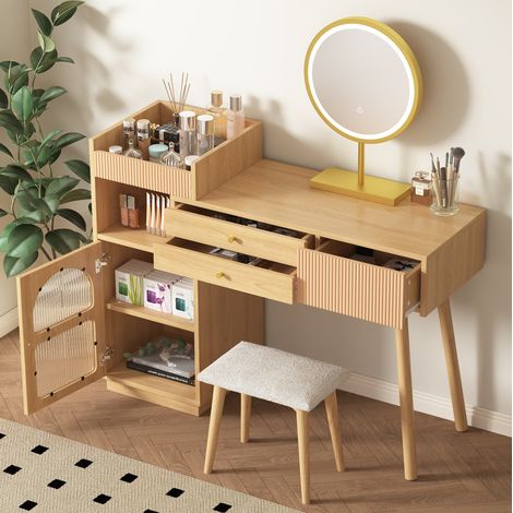 MEUBLIV Coiffeuse 120x40x90 cm naturel – miroir LED 3 couleurs, 2 colis (1/5)
