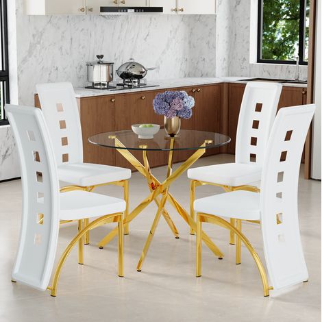 CHICFURN Conjunto de mesa y sillas de 88 cm de vidrio templado blanco y dorado, 4 plazas (1/5)