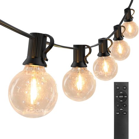 Guirlande lumineuse d'extérieur de 30 m - 50 ampoules + 2 LED G40 de rechange de 30 m, 24 V, télécommande, intensité variable, étanche, convient pour les terrasses, mariages, jardins, campings et balc