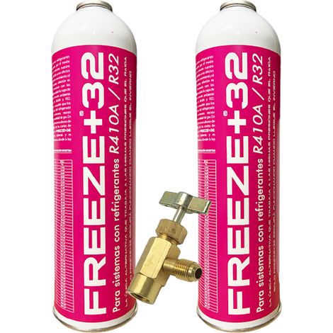 Pack 2 FREEZE +32 350g  Sustituto Ecológico R410A R32  Incluye Válvula  Gas Orgánico de Alta Eficiencia y Bajo Consumo