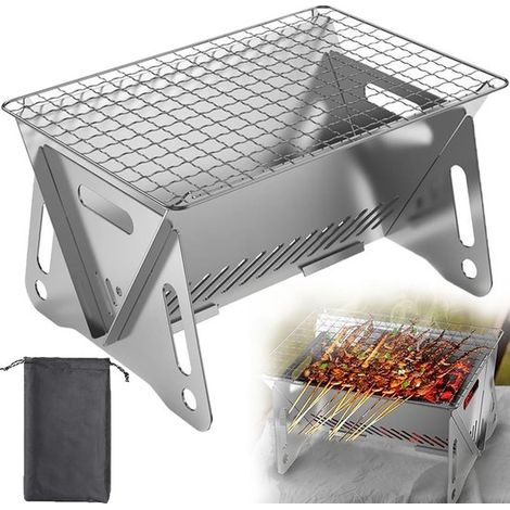 Barbecue portable au charbon de bois avec sac de rangement. Grille pliable en acier inoxydable, 28,5 x 18,5 x 13 cm. Barbecue portable au charbon de bois avec grille. Fumoir. Fonctionne au bois. (1/5)