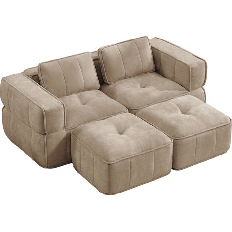 Sofá modular de 2 plazas con dos pufs de poliéster color arena MODENUIT (1/5)