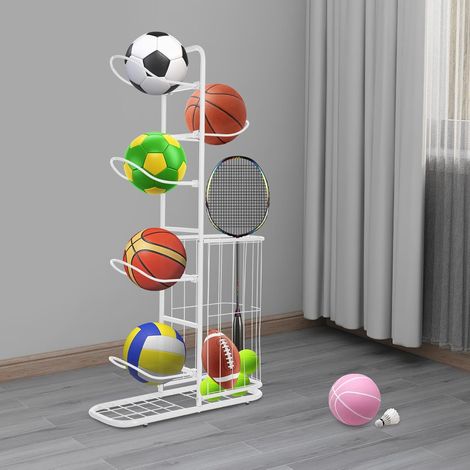 Support de ballon de basket-ball, 5 balles, avec panier, étagère de rangement stable, pour équipement de sport, rugby, volley-ball, affichage de football, blanc (1/5)