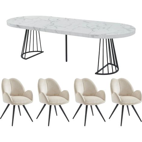 Set tavolo FIRELA + 4 sedie GULSUN Effetto marmo Bianco e Beige (1/5)
