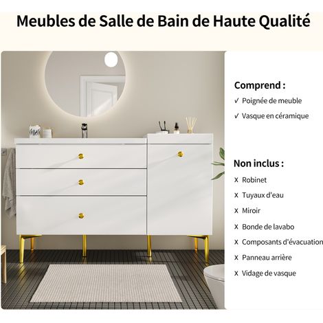 Meuble de salle de bain blanc avec or, Meuble sous lavabo avec lavabo en céramique, Meuble de salle de bain avec tiroirs et armoire, mobilier de salle de bain moderne (1/5)