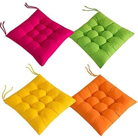 Coussin de chaise - 4 Pièces - Coussin de siège - 41 x 41 cm - Coussin de salle à manger - Coussins de chaise de jardin - Pour intérieur - Polyester - Doux - Avec rubans - Vert, jaune, rose, orange (1/5)